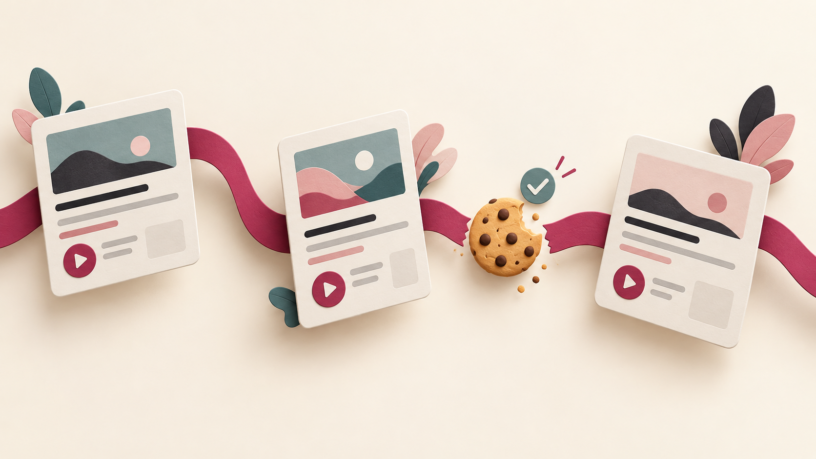 Illustration of webpage recordings linked by a berry ribbon, with a cookie and consent checkmark bridging a gap in the visitor journey
